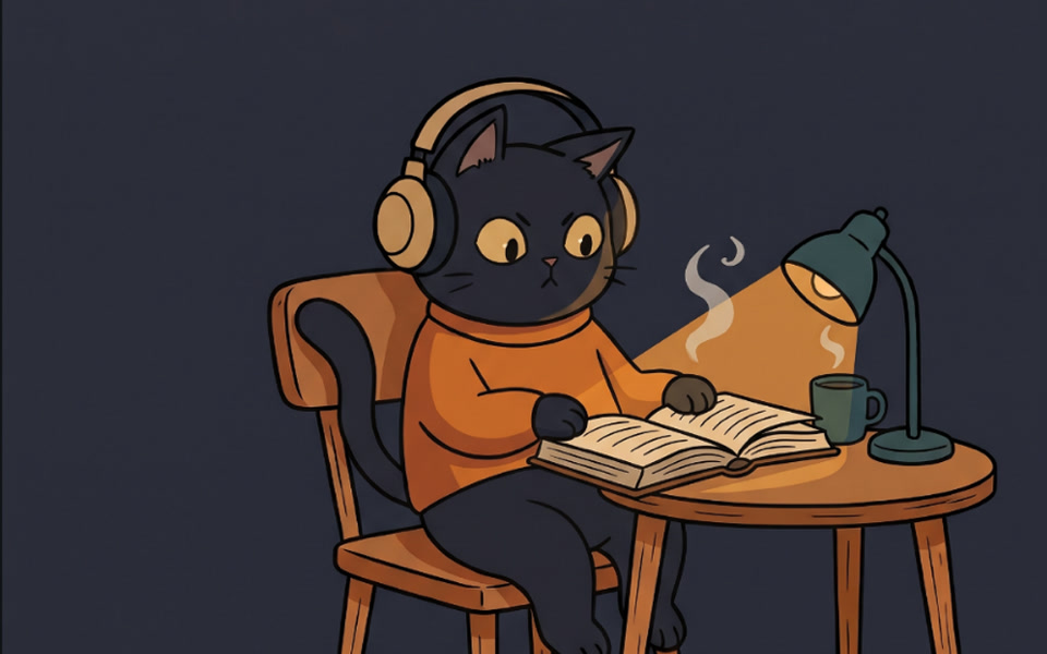 Deep Time 집중 화면 — 헤드폰을 쓴 고양이가 스탠드 아래서 책을 읽는 장면